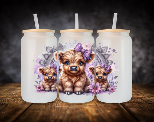 Glass Can- Highland Cow-Purple Bow-Pink Flowers