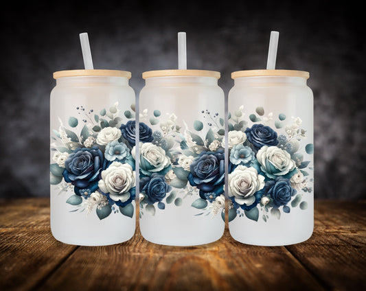 Glass Can-Blue Watercolor Roses