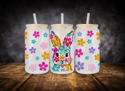 Glass Can- Colorful Daisy Bunny