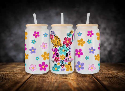 Glass Can- Colorful Daisy Bunny