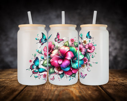 Glass Can-Hibiscus and Butterflies