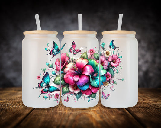 Glass Can-Hibiscus and Butterflies