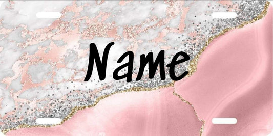 License Plate  Pink Marble W/Name