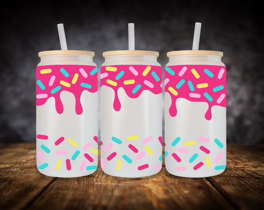 Glass Can-Pink Frosting Drip and Sprinkles