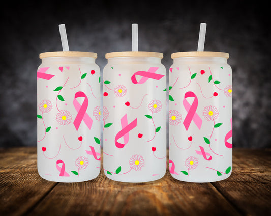 Glass Can-Pink Ribbon Awareness with Daisies