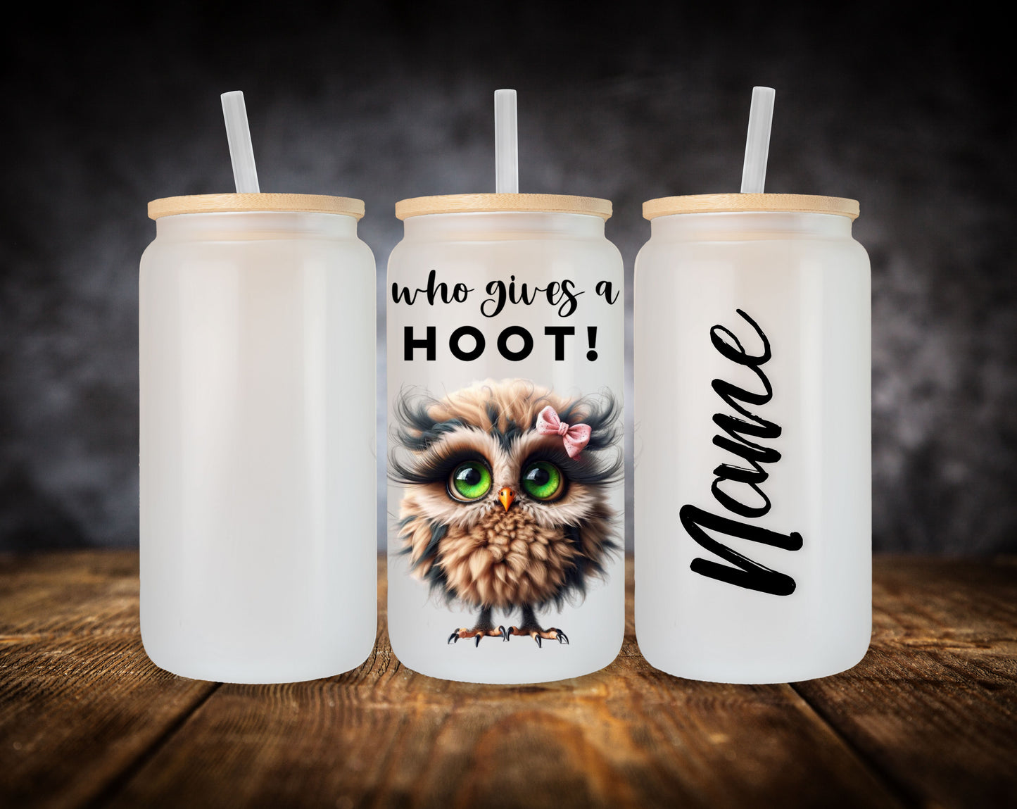 Glass Can- Owl-Who Gives a HOOT! W/Name