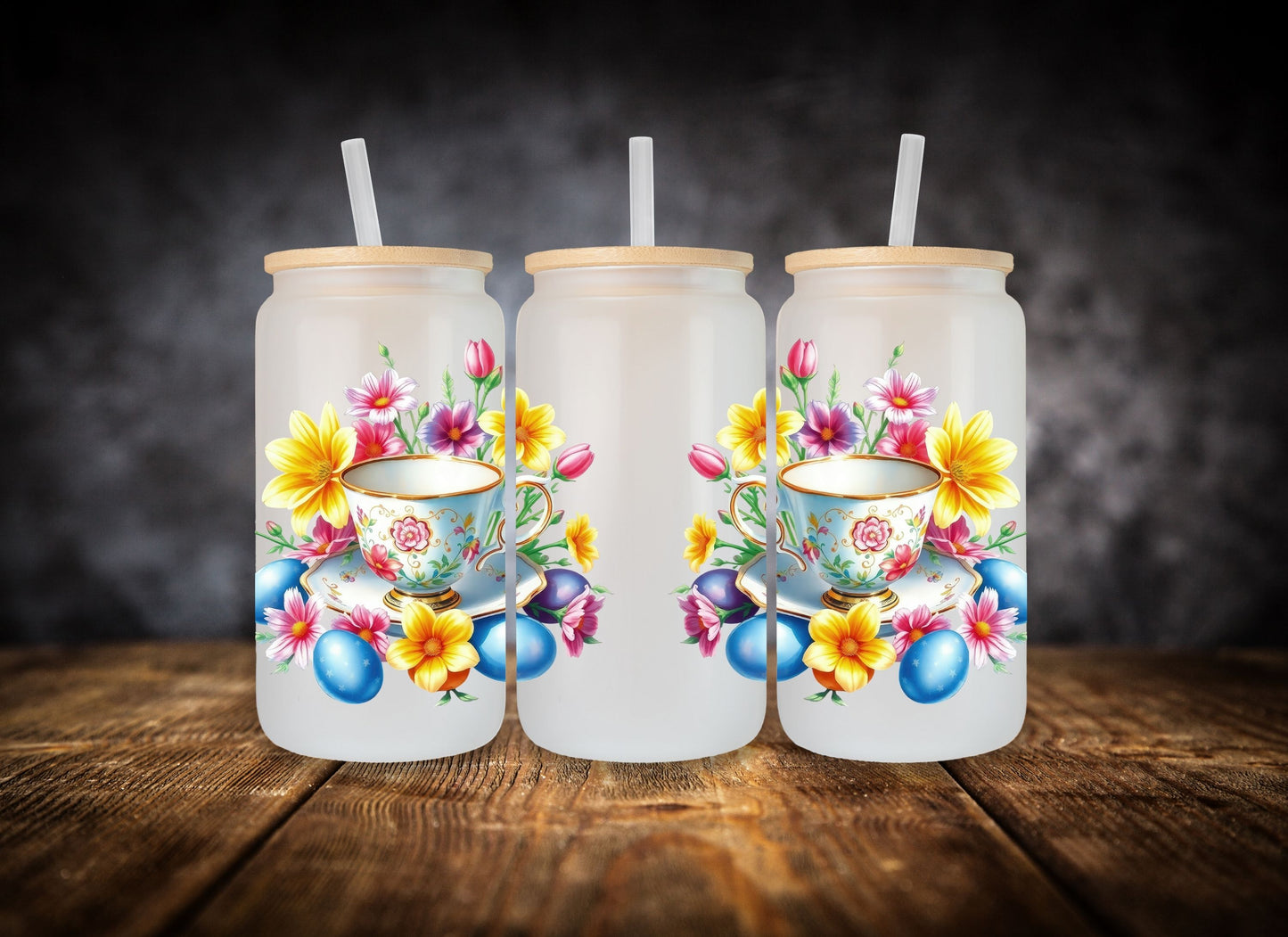 Glass Can-  Easter Tea Cups