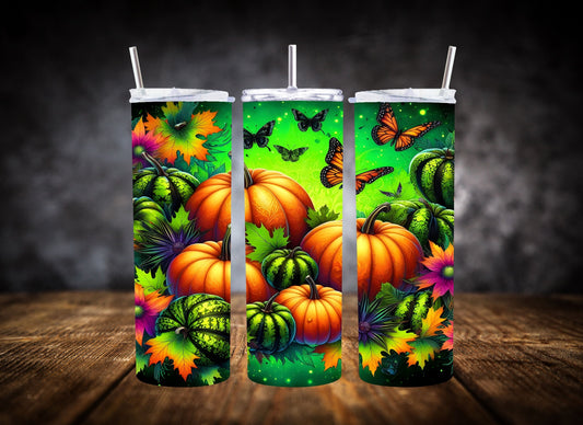 20oz Tumbler Neon Green Pumpkins