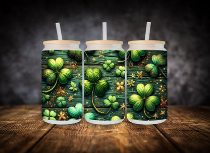 Glass Can Rustic Emerald & Glitter Shamrocks