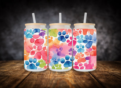 Glass Can Watercolor Rainbow Pawprints
