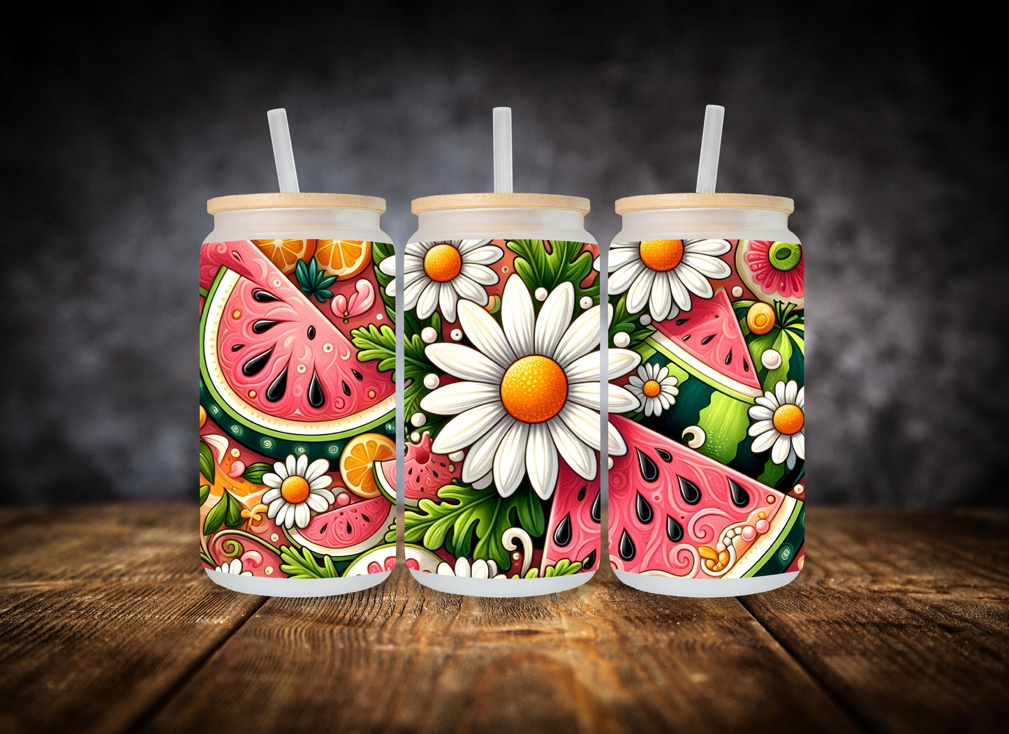 Glass Can Watermelon and Daisy